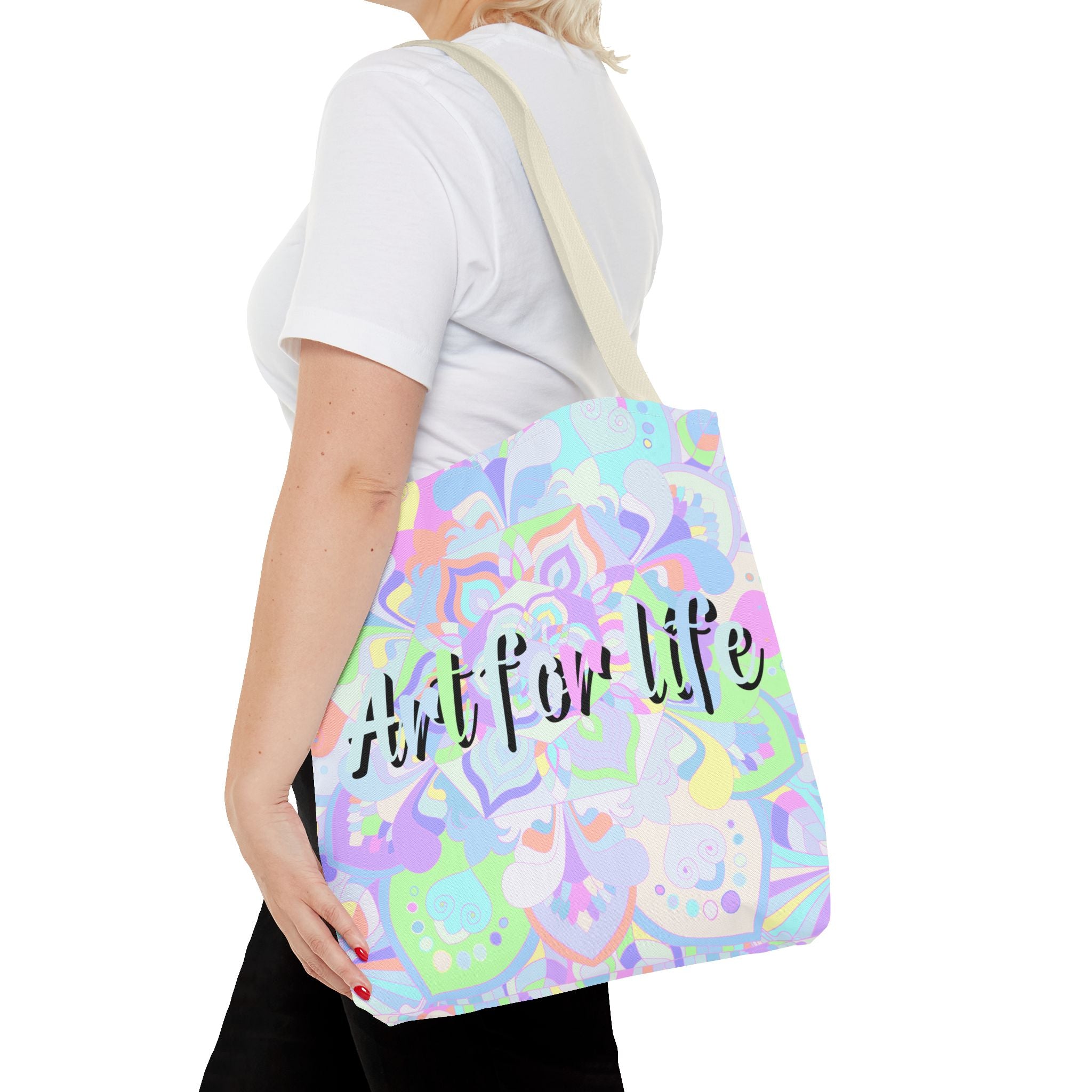 Colorful mandala tote bag with 'Art for Life' quote, perfect for carrying your essentials in style and making a statement with your fashion choices