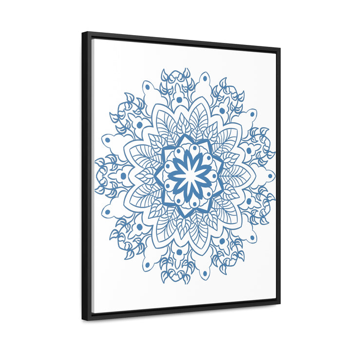 Beautiful steel blue mandala design wall art on gallery canvas wraps in a vertical frame, handmade and intricate