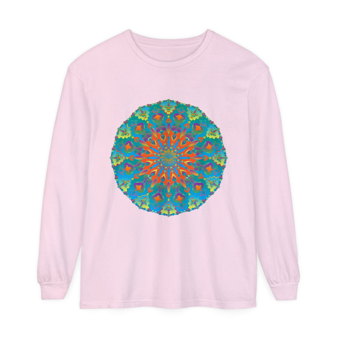 Colorful rainbow mandala design on a long sleeve t-shirt for women