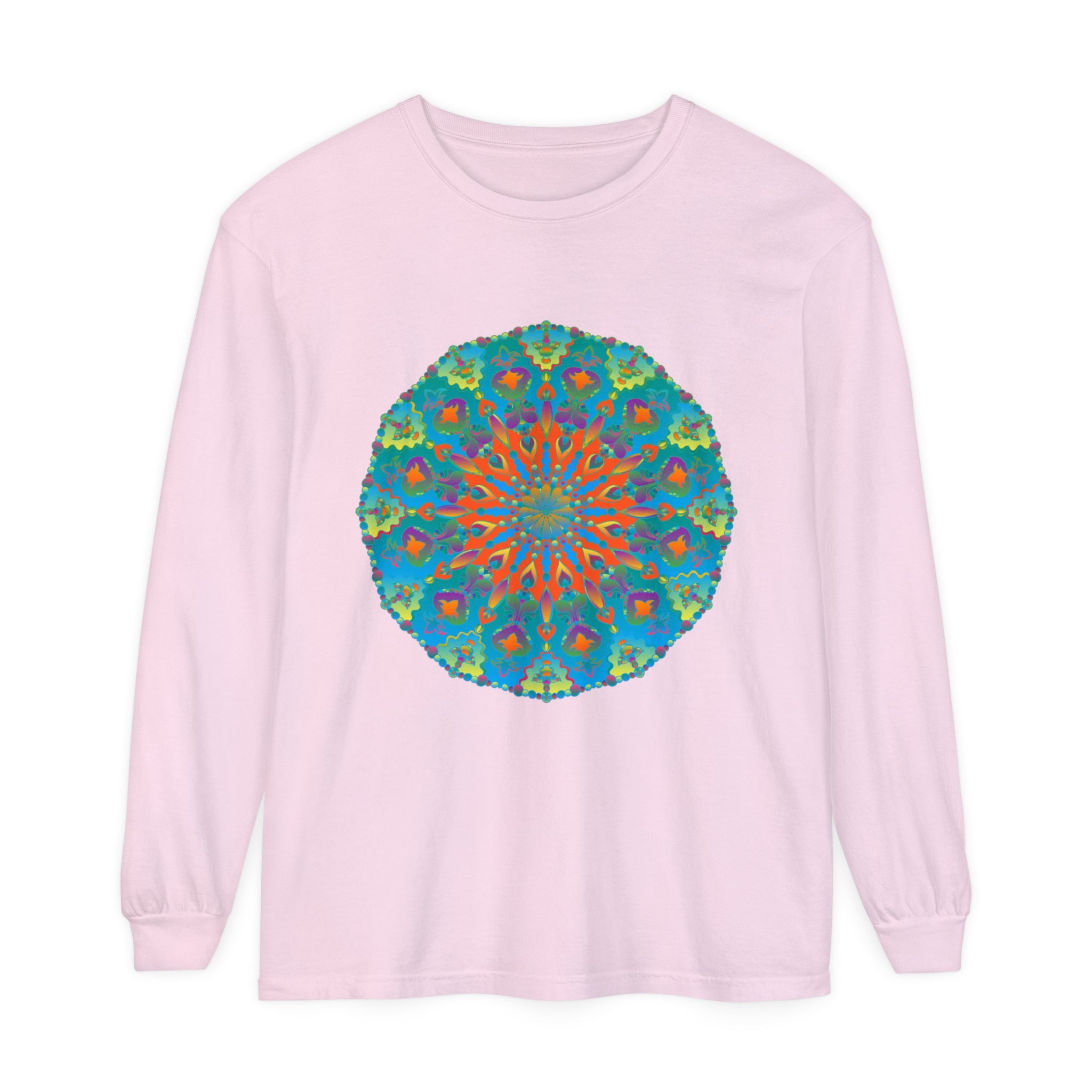 Colorful rainbow mandala design on a long sleeve t-shirt for women