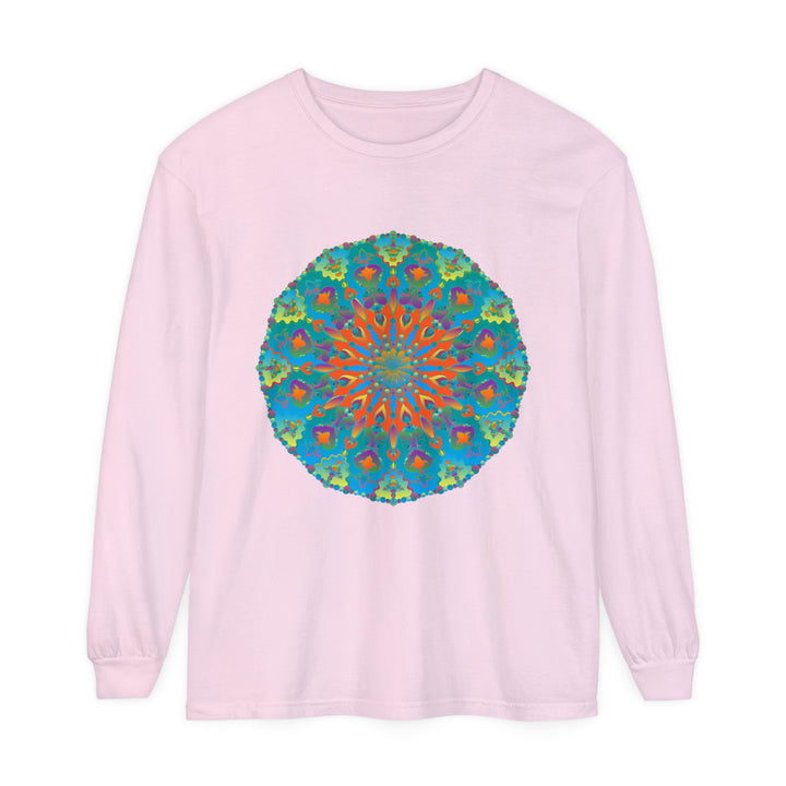 Colorful rainbow mandala design on a long sleeve t-shirt for women