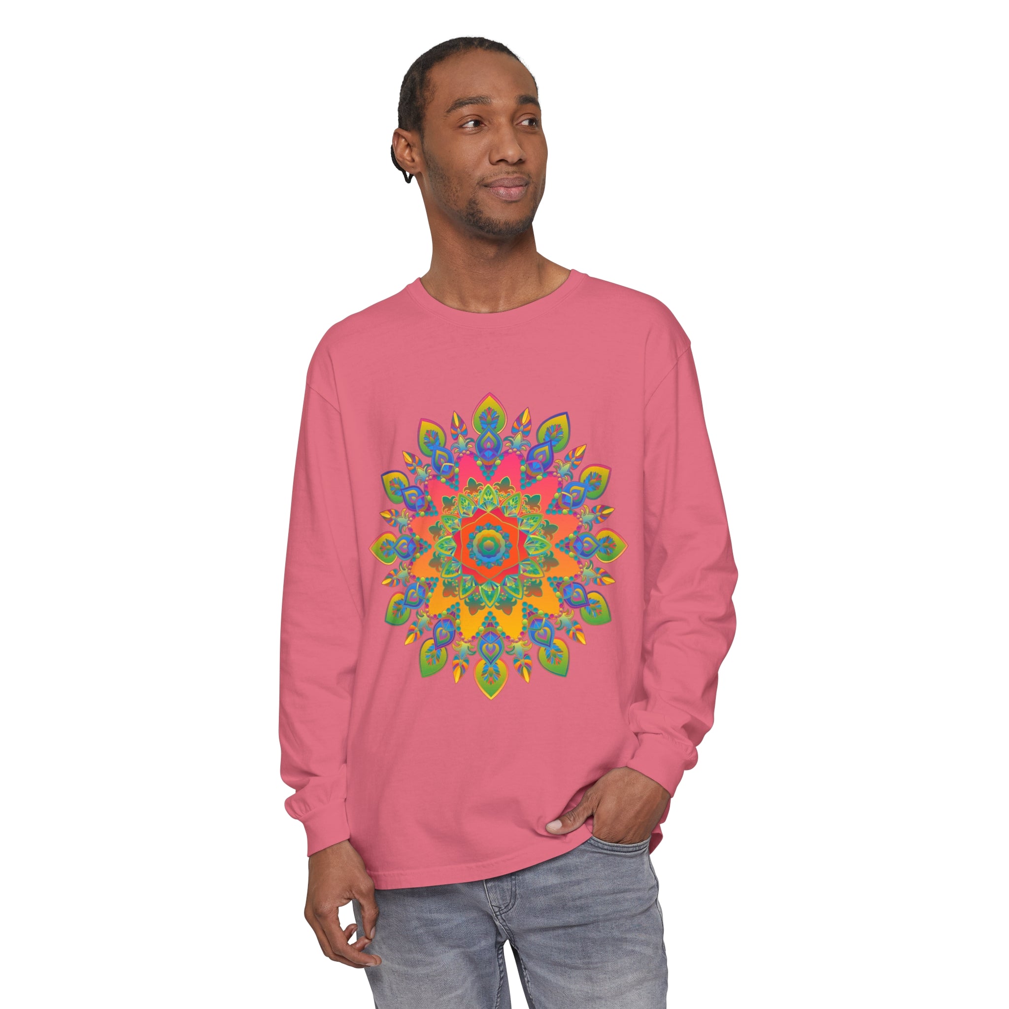 Vibrant Mandala Unisex Long Sleeve T-Shirt featuring intricate, colorful mandala design