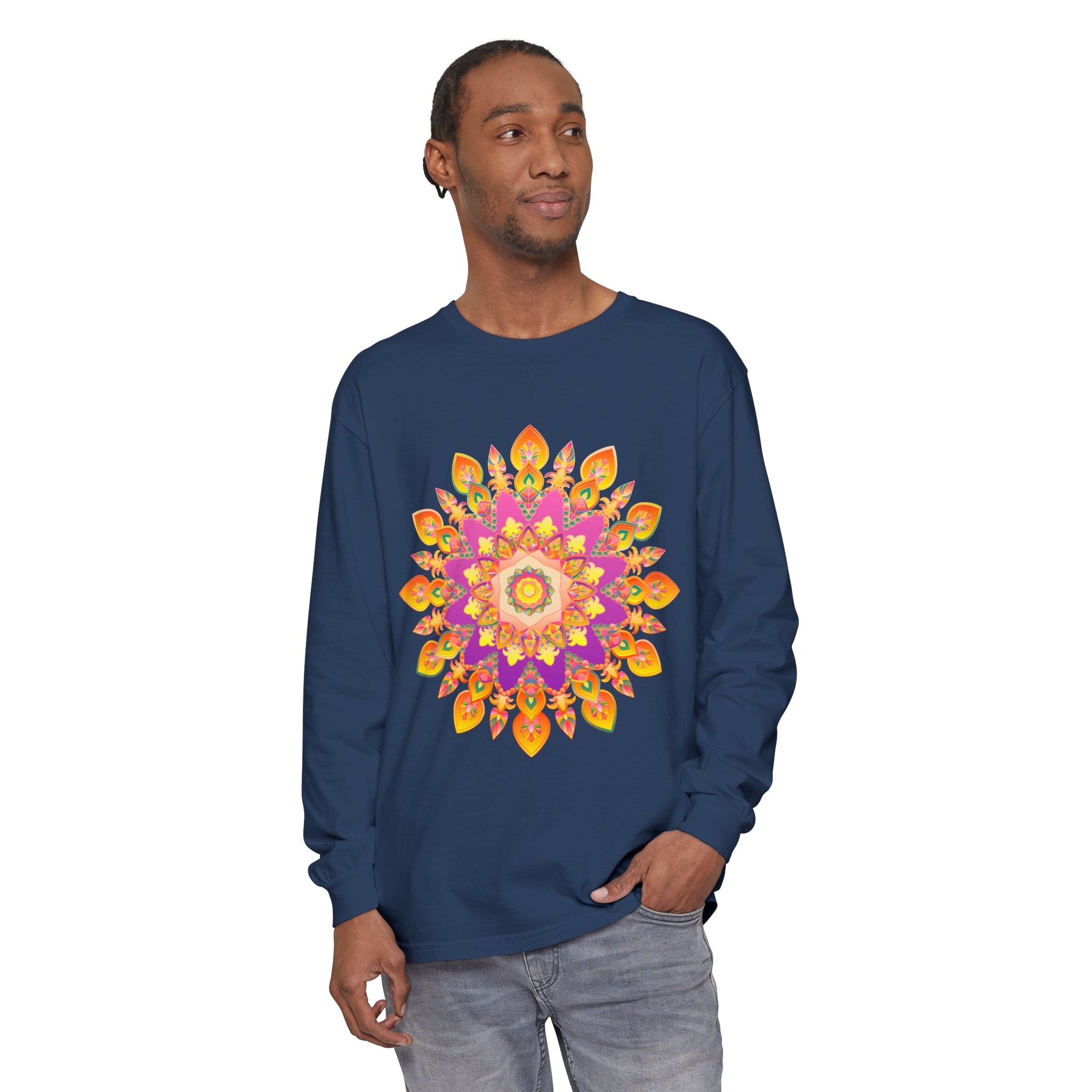 Colorful mandala design long sleeve unisex t-shirt for vibrant fashion statement