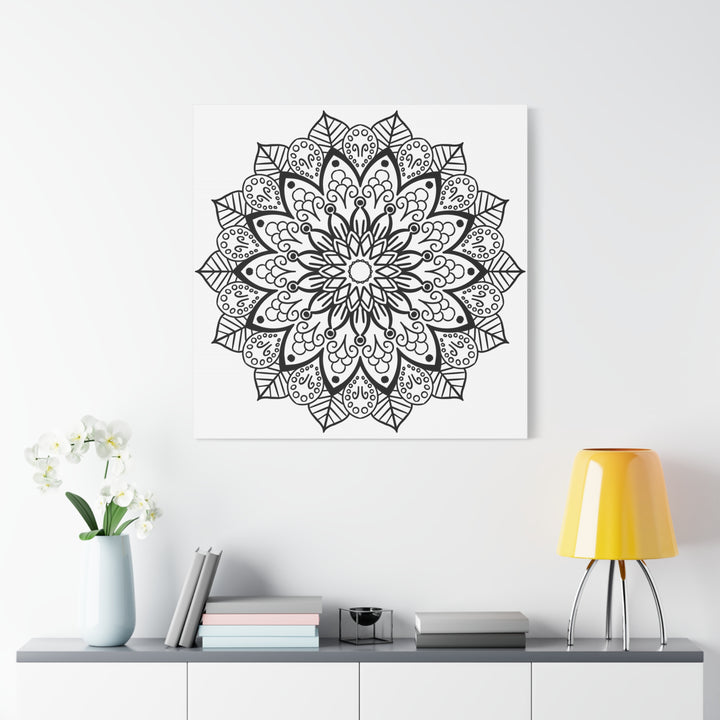 Handmade black and white mandala art on matte canvas, stretched, 125 inches