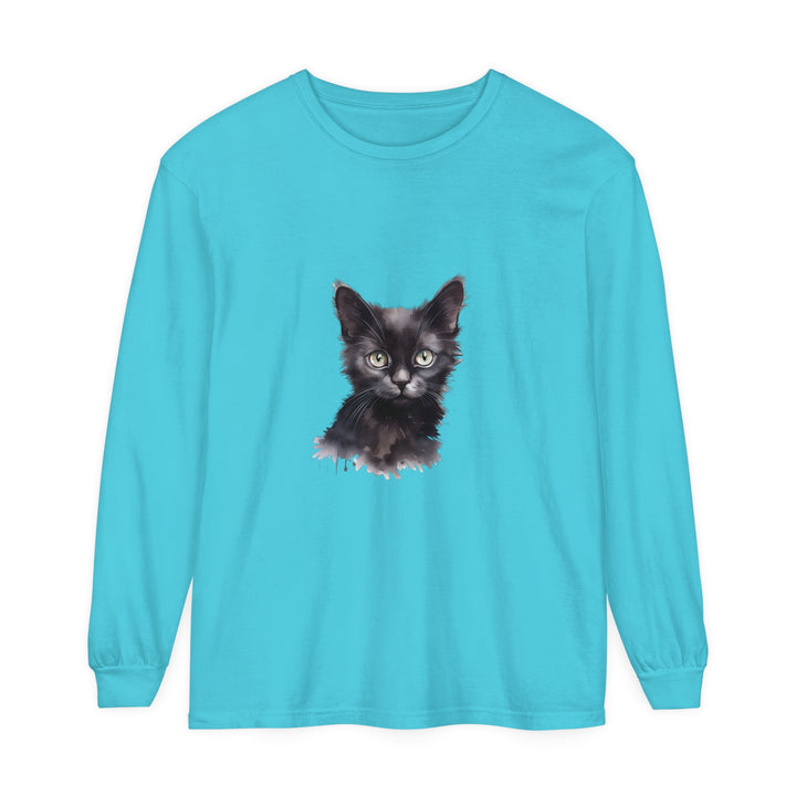 Black Cat Watercolor Long Sleeve T-Shirt, featuring a vibrant watercolor design of a black cat on a comfortable long sleeve shirt