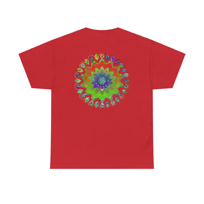 White unisex heavy cotton tee featuring a colorful mandala design, perfect for yoga and mindfulness activities