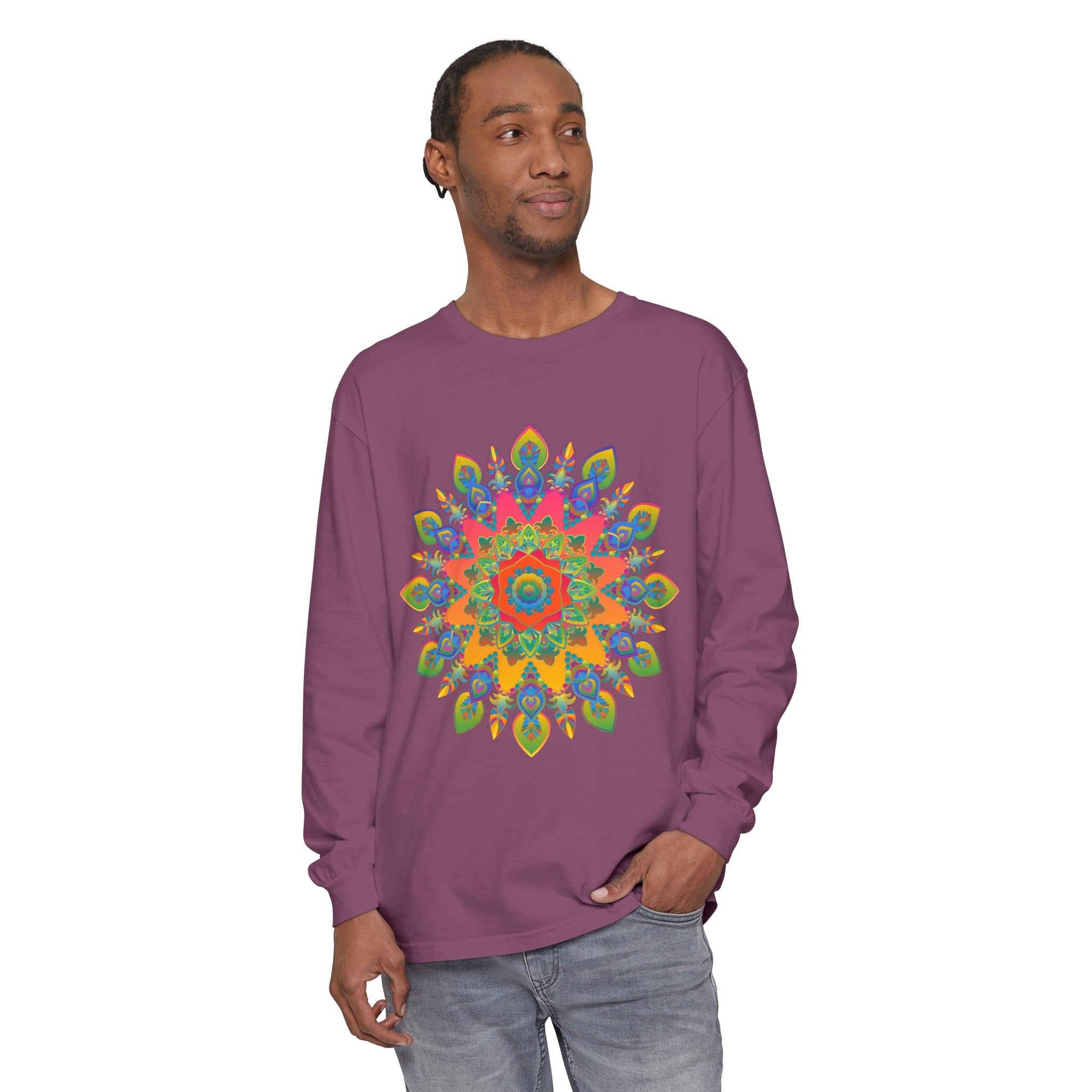 Colorful and intricate mandala design on a cozy unisex long sleeve t-shirt