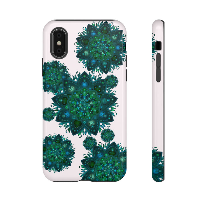 Light pink and green mandala phone case featuring a peaceful and intricate design, perfect for adding a touch of serenity to your device