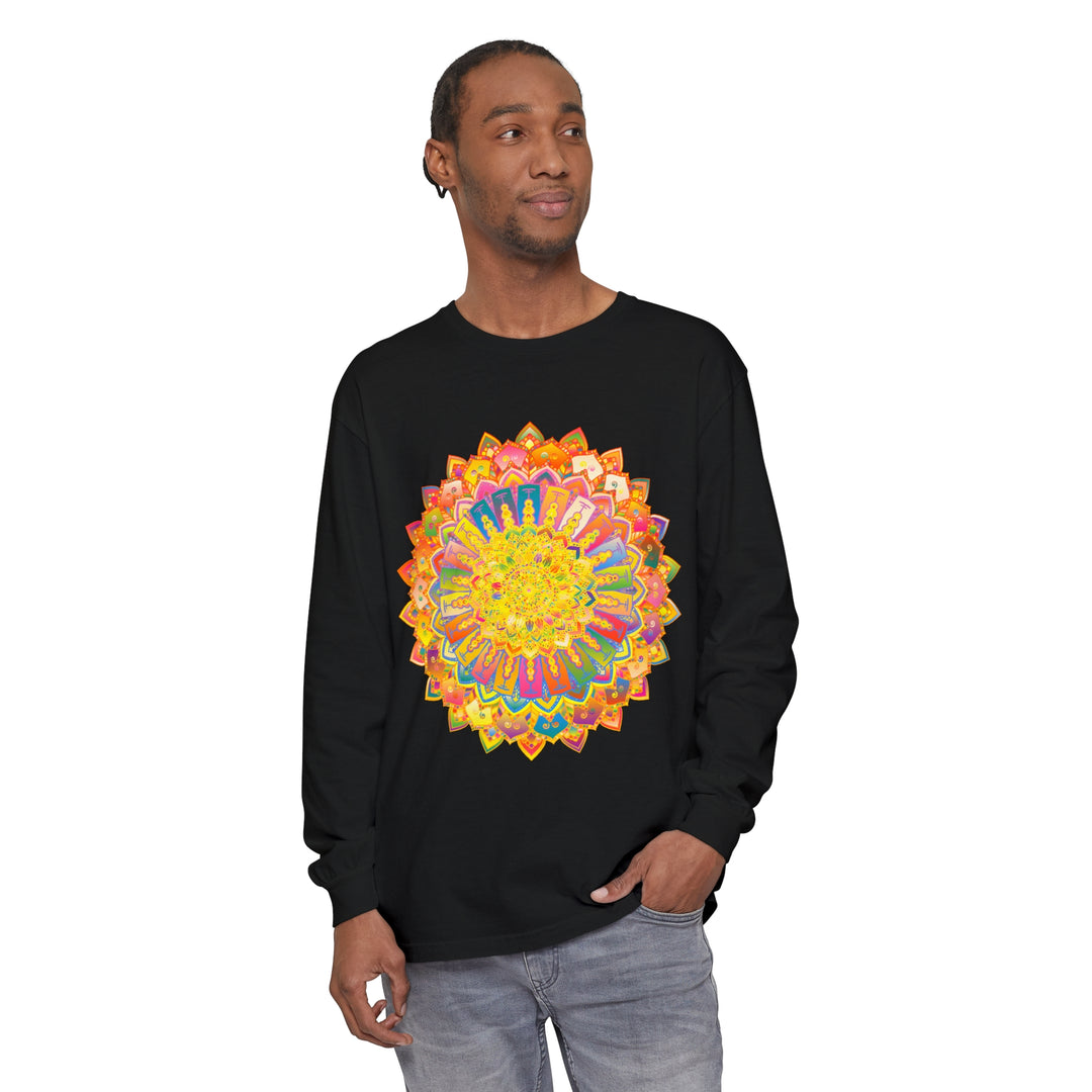 Intricate Mandala Unisex Long Sleeve T-Shirt featuring detailed circular pattern in various shades of blue and purple, perfect for both men and women