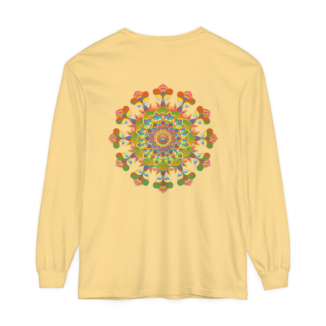 Vibrant and colorful long sleeve T-shirt featuring a mandala design, perfect for adding a pop of art to your wardrobe