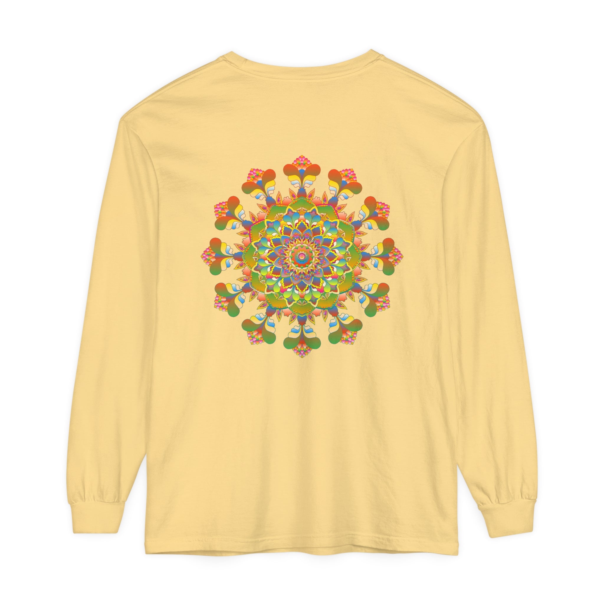 Vibrant and colorful long sleeve T-shirt featuring a mandala design, perfect for adding a pop of art to your wardrobe