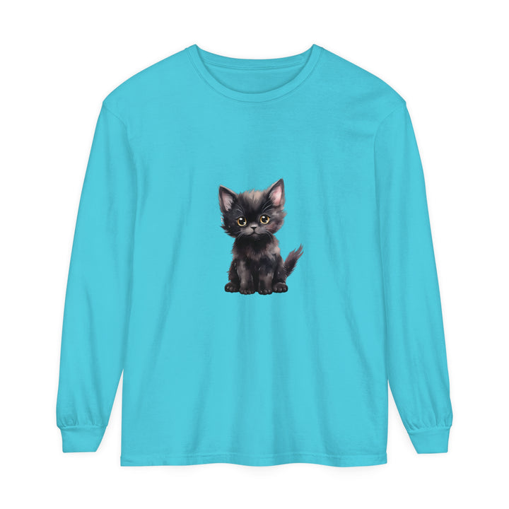 Adorable black kitten with striking yellow eyes featured on long sleeve t-shirt