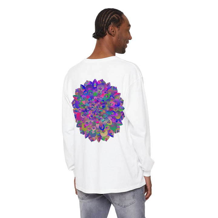 Colorful and intricate mandala design on a long sleeve t-shirt