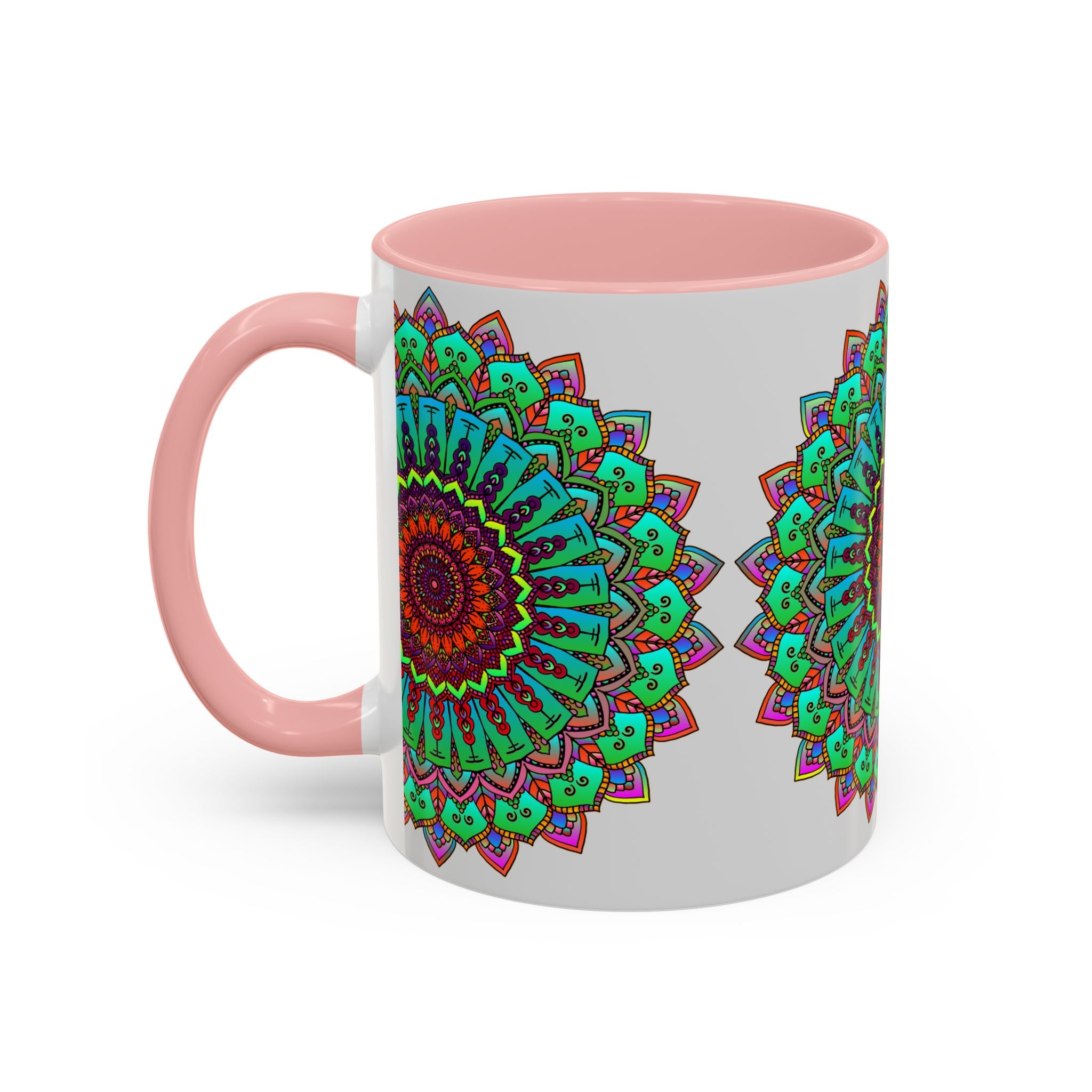 Light grey ceramic mug with colorful mandala art design, perfect for adding a pop of color to your morning coffee routine