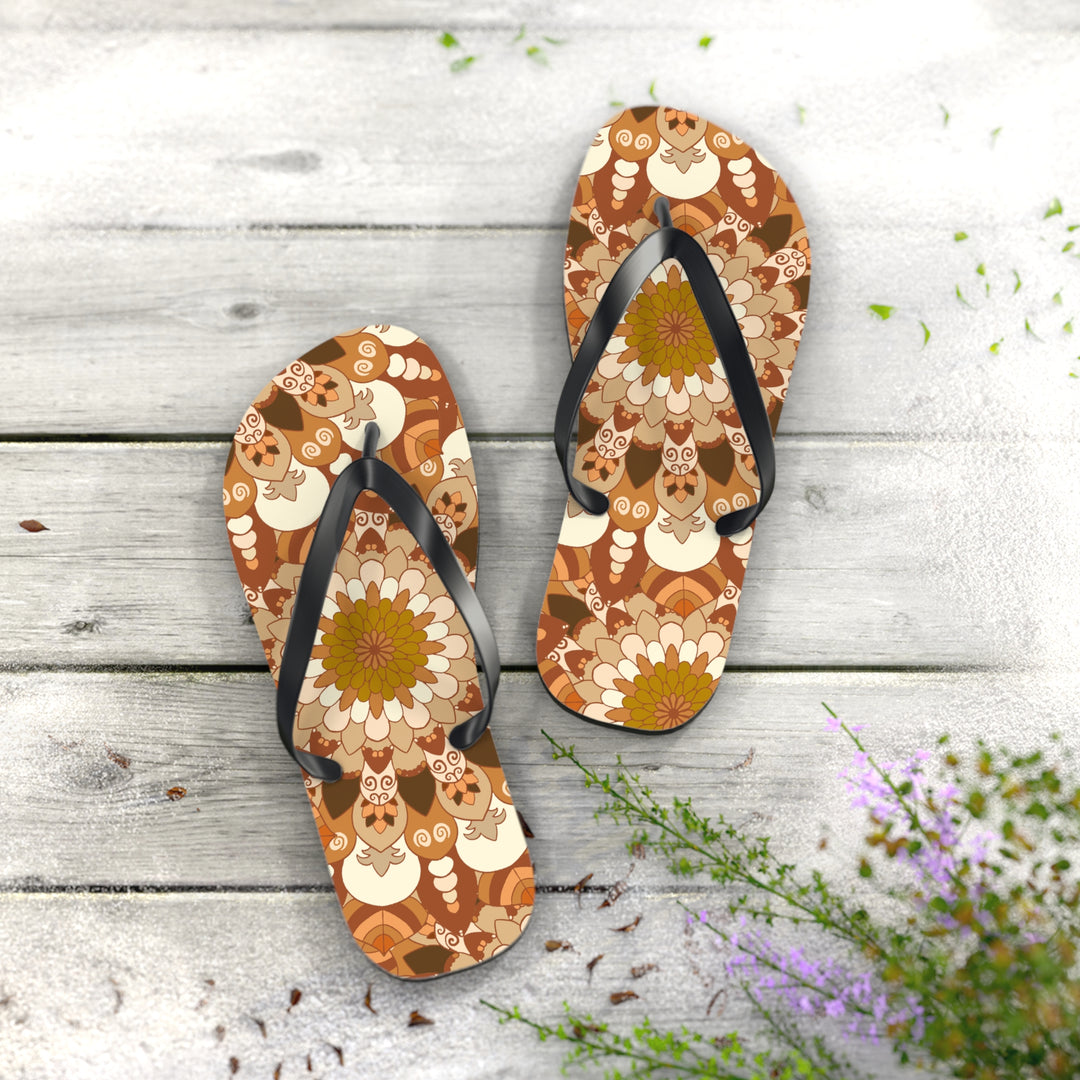 Colorful floral mandala flip flops, perfect for bohemian summer style and beach days