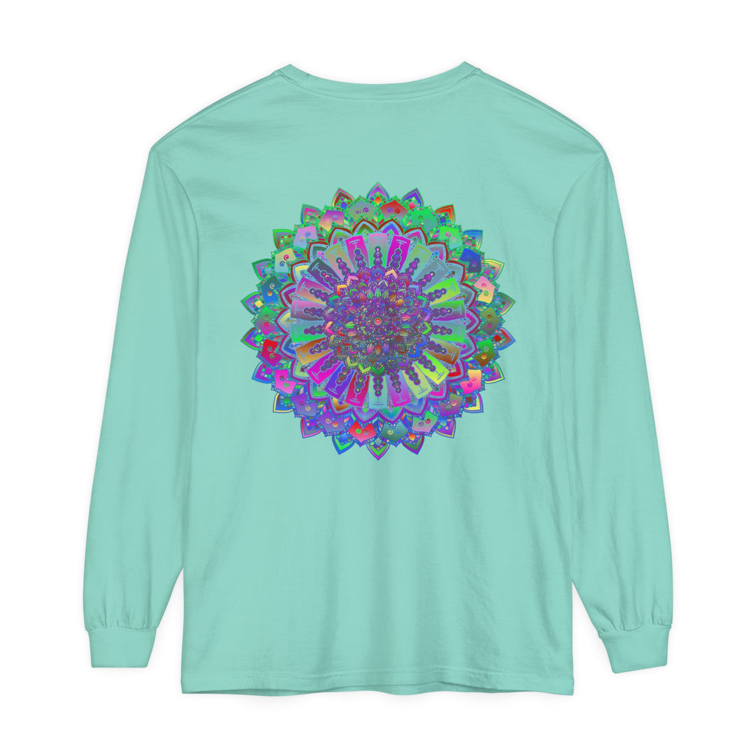 Colorful and intricate mandala design featured on a long sleeve t-shirt