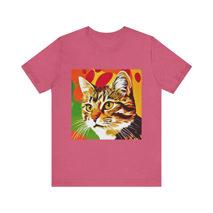 Colorful and vibrant short sleeve tee featuring a pop art design of a tabby cat