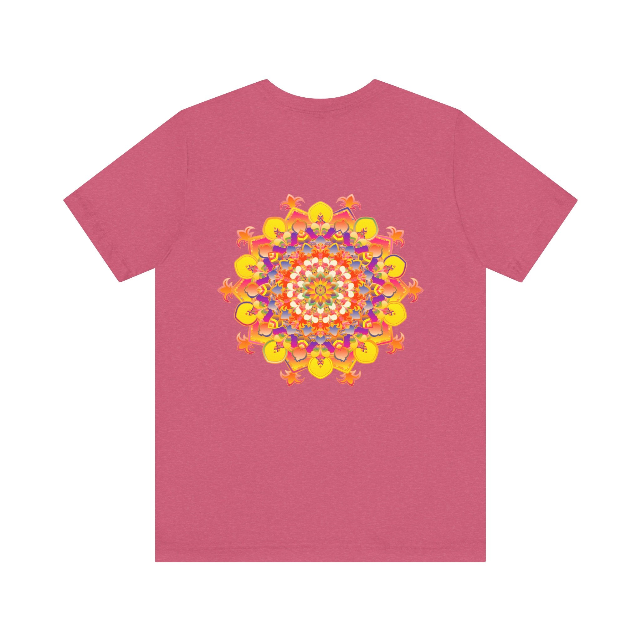 A vibrant, colorful mandala tee featuring intricate patterns, promoting spiritual peace and harmony through its eye-catching design