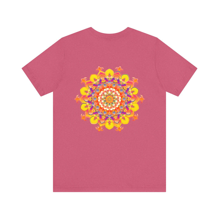 A vibrant, colorful mandala tee featuring intricate patterns, promoting spiritual peace and harmony through its eye-catching design