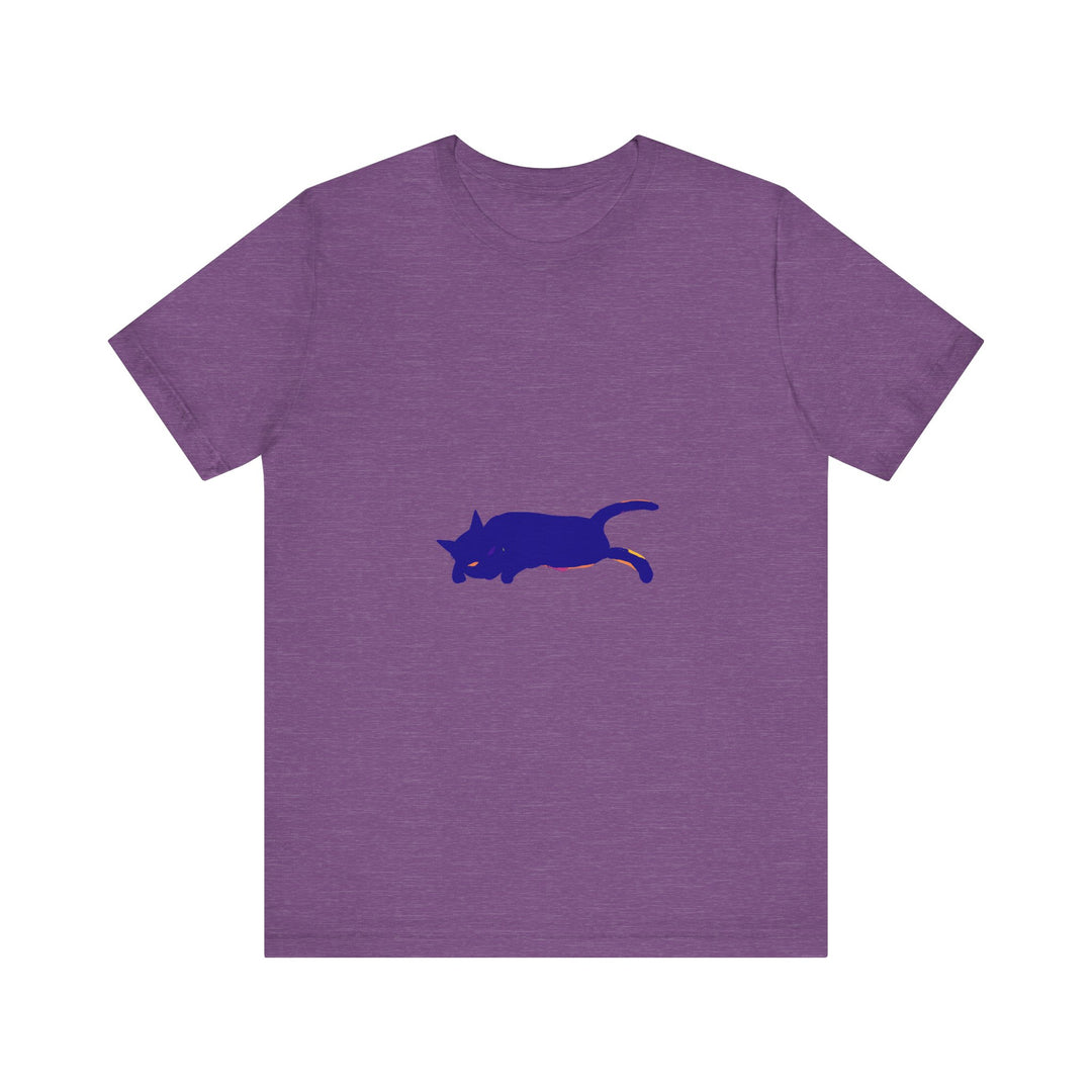 A high-quality, soft black t-shirt featuring a watercolor-style design of a mysterious black cat