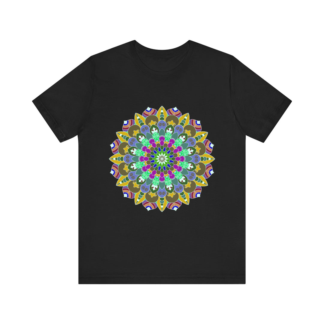 A vibrant and intricate mandala design adorns this peaceful t-shirt, perfect for spiritual and artistic individuals