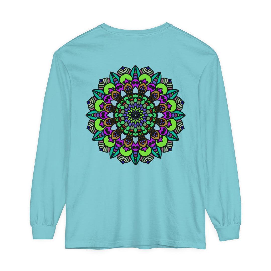 Colorful and vibrant psychedelic mandala design on unisex long sleeve t-shirt