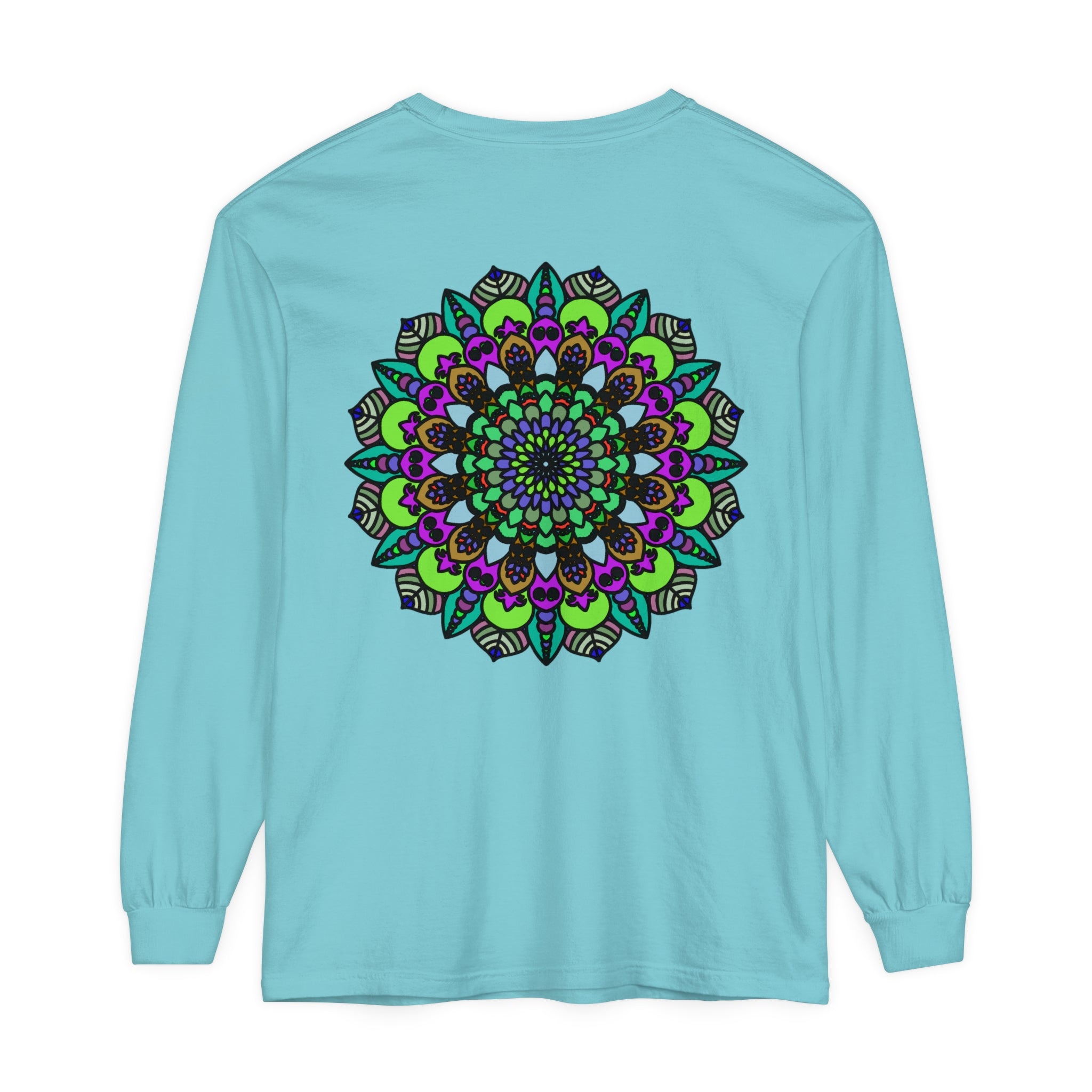 Colorful and vibrant psychedelic mandala design on unisex long sleeve t-shirt