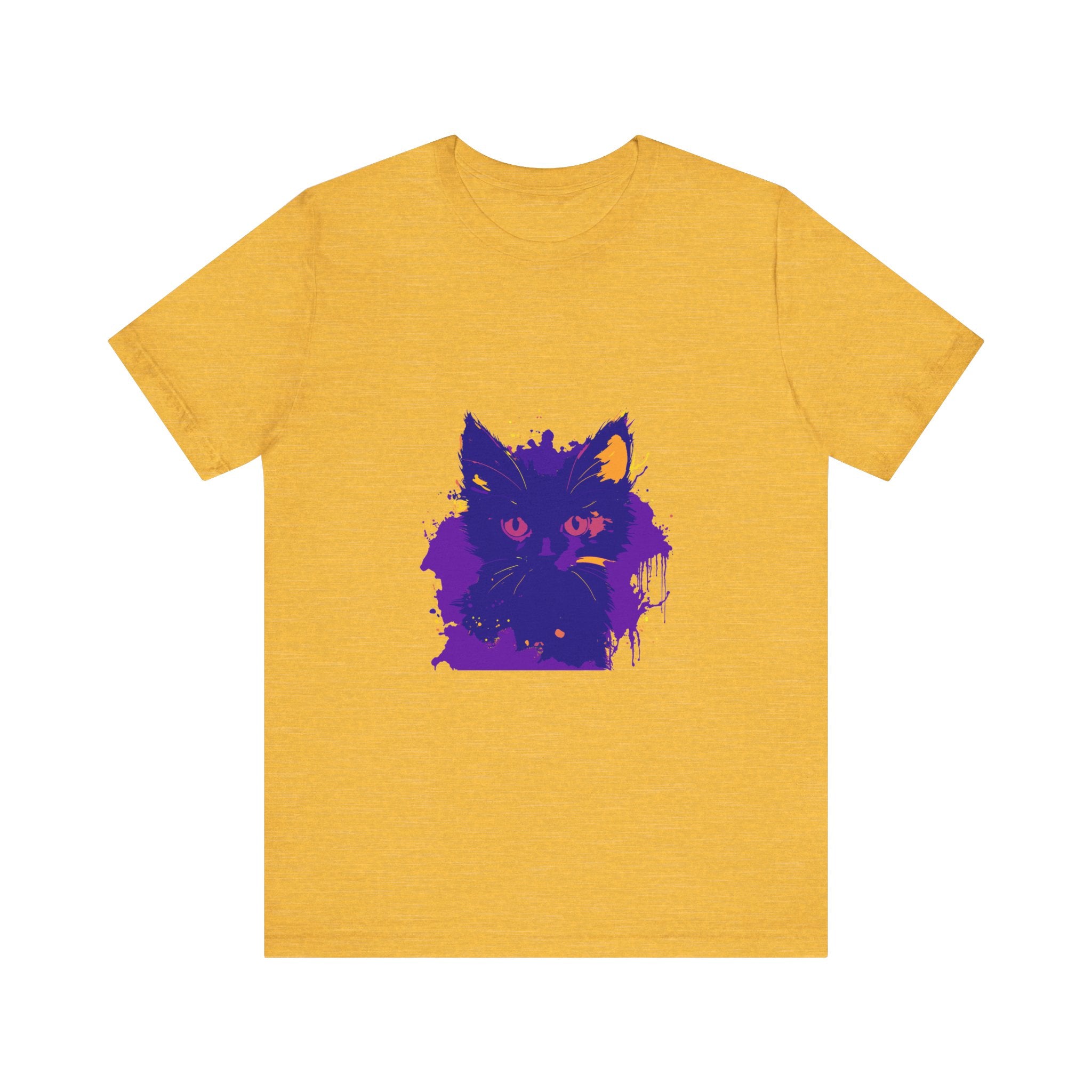 A whimsical blue and pink cat t-shirt with a playful design