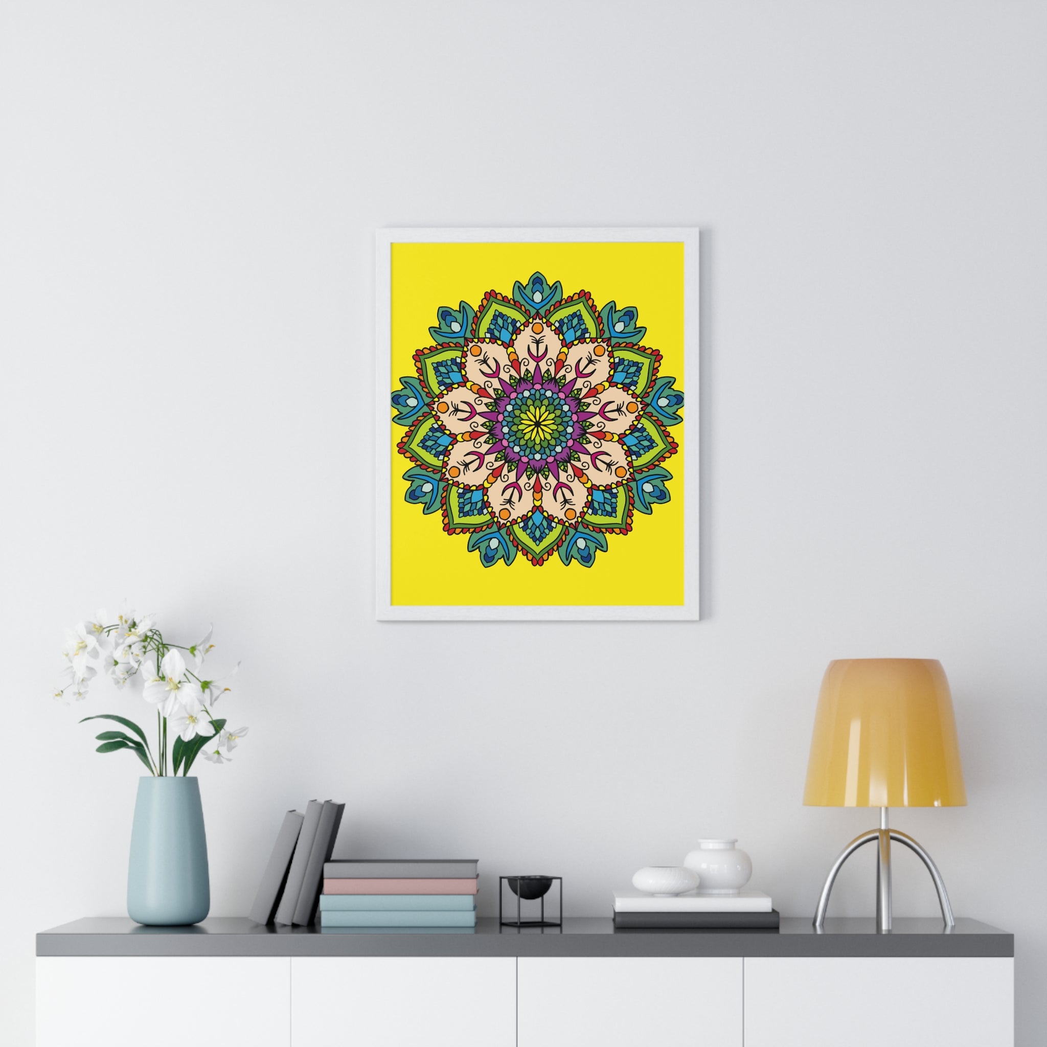 Vertical framed poster featuring a hand-drawn yellow mandala, perfect for mindfulness and yoga enthusiasts