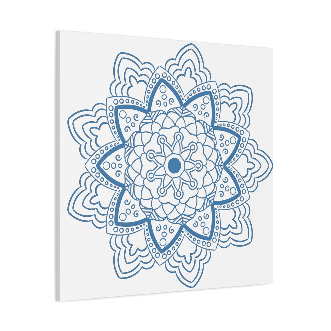 Handmade Mandala Art featuring a beautiful steel blue design on matte canvas, stretched to 125 inches, perfect for adding a touch of elegance to any wall decor