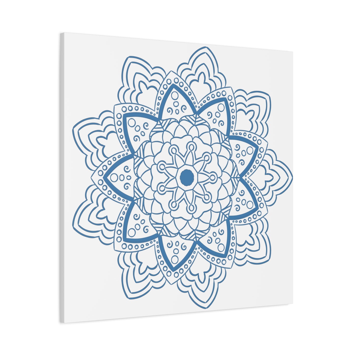 Handmade Mandala Art featuring a beautiful steel blue design on matte canvas, stretched to 125 inches, perfect for adding a touch of elegance to any wall decor