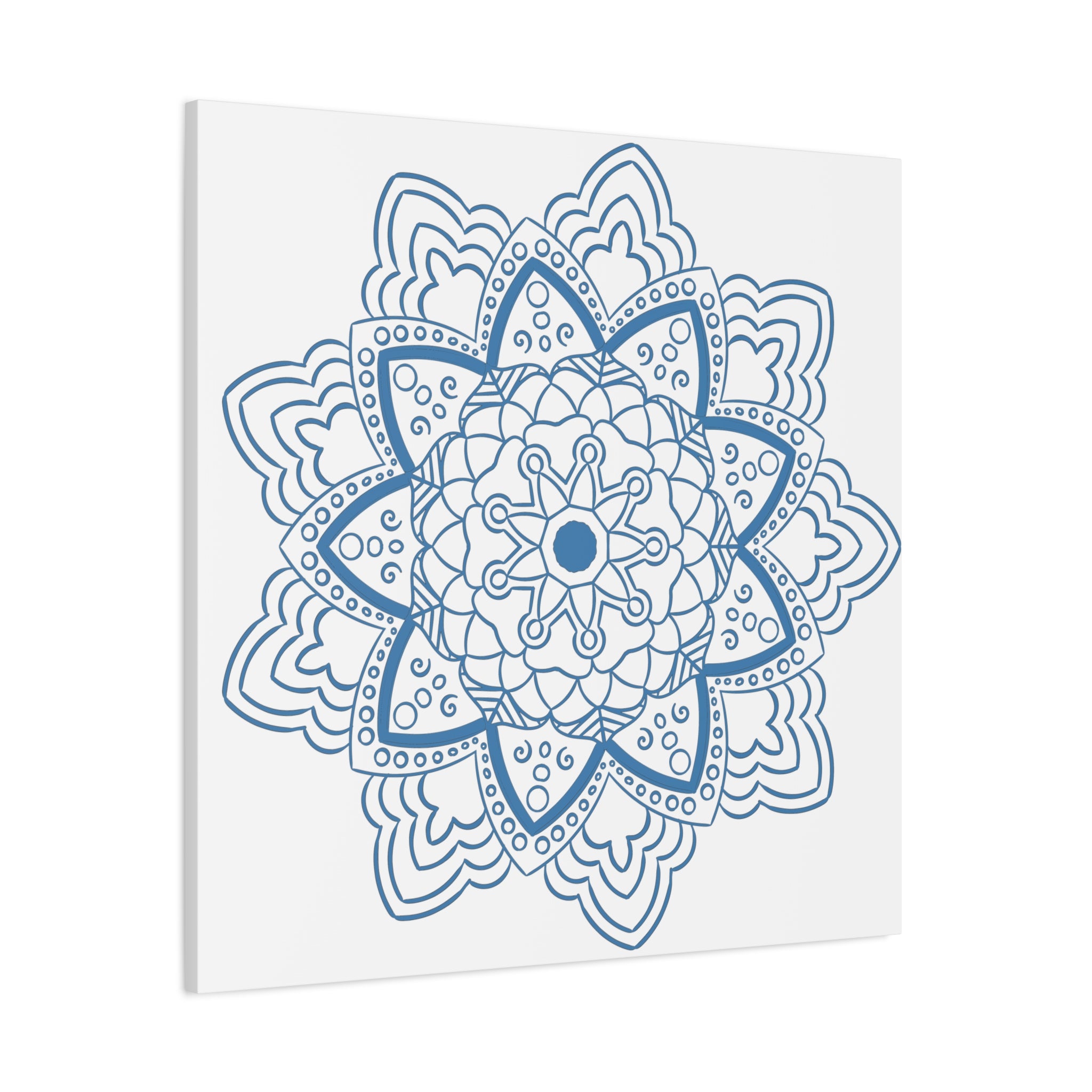 Handmade Mandala Art featuring a beautiful steel blue design on matte canvas, stretched to 125 inches, perfect for adding a touch of elegance to any wall decor