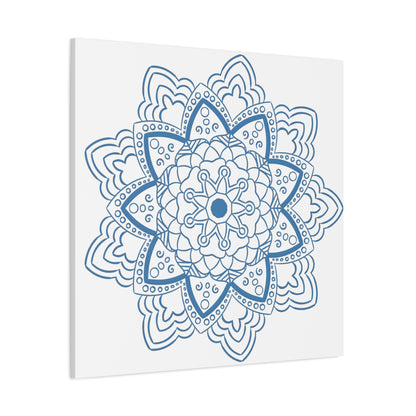 Handmade Mandala Art featuring a beautiful steel blue design on matte canvas, stretched to 125 inches, perfect for adding a touch of elegance to any wall decor