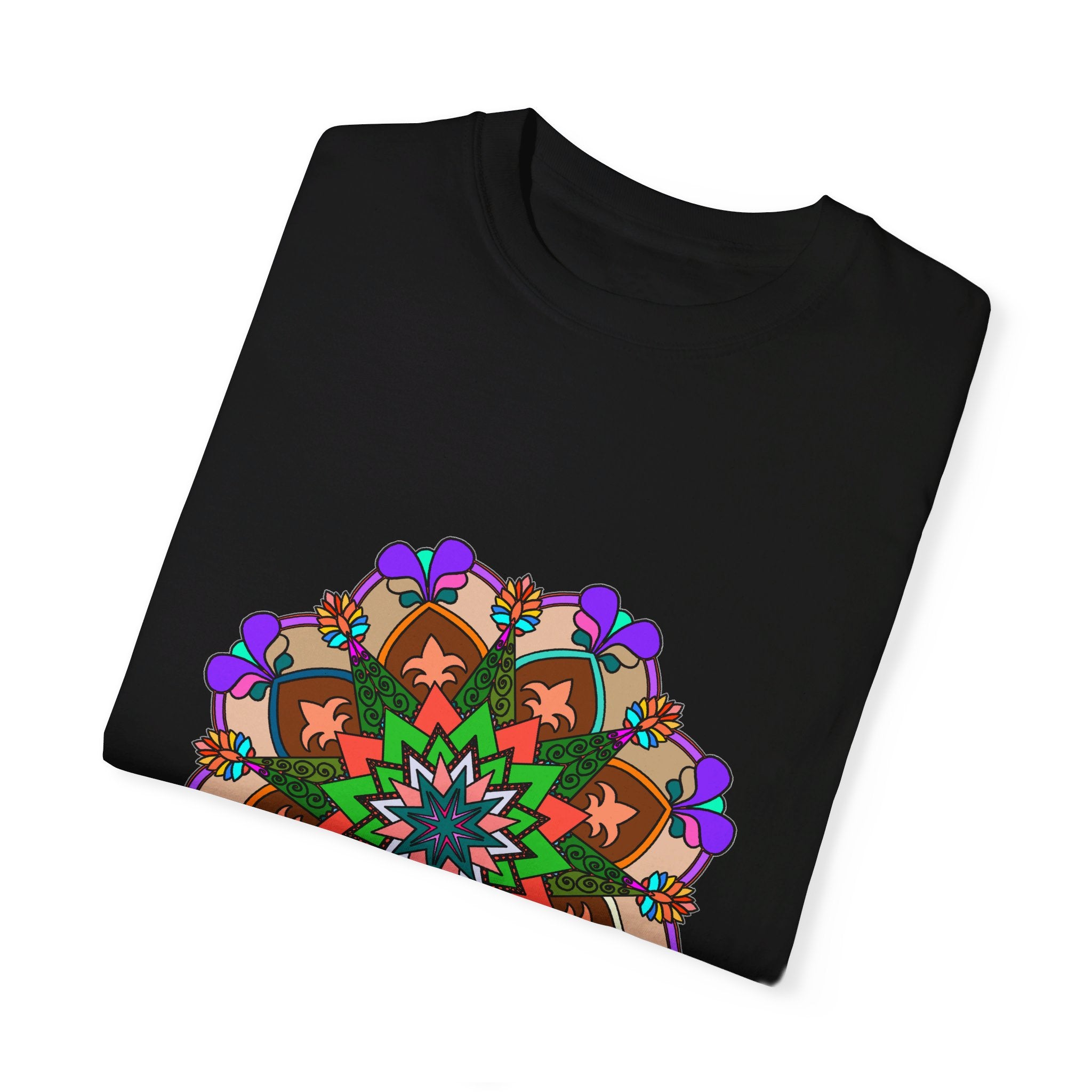 Unisex Mandala T-Shirt made from 100% Ring-Spun Cotton, garment-dyed for extra comfort, featuring hand-drawn Mandala Art design