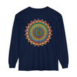 Intricate Mandala Unisex Long Sleeve T-Shirt featuring intricate mandala design in vibrant colors on black fabric