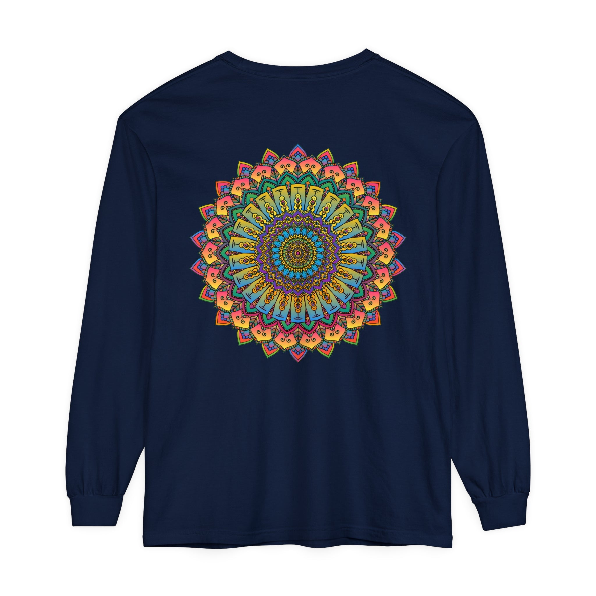 Intricate Mandala Unisex Long Sleeve T-Shirt featuring intricate mandala design in vibrant colors on black fabric