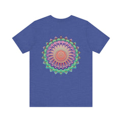 A colorful mandala tee featuring intricate spiritual designs for peace and harmony
