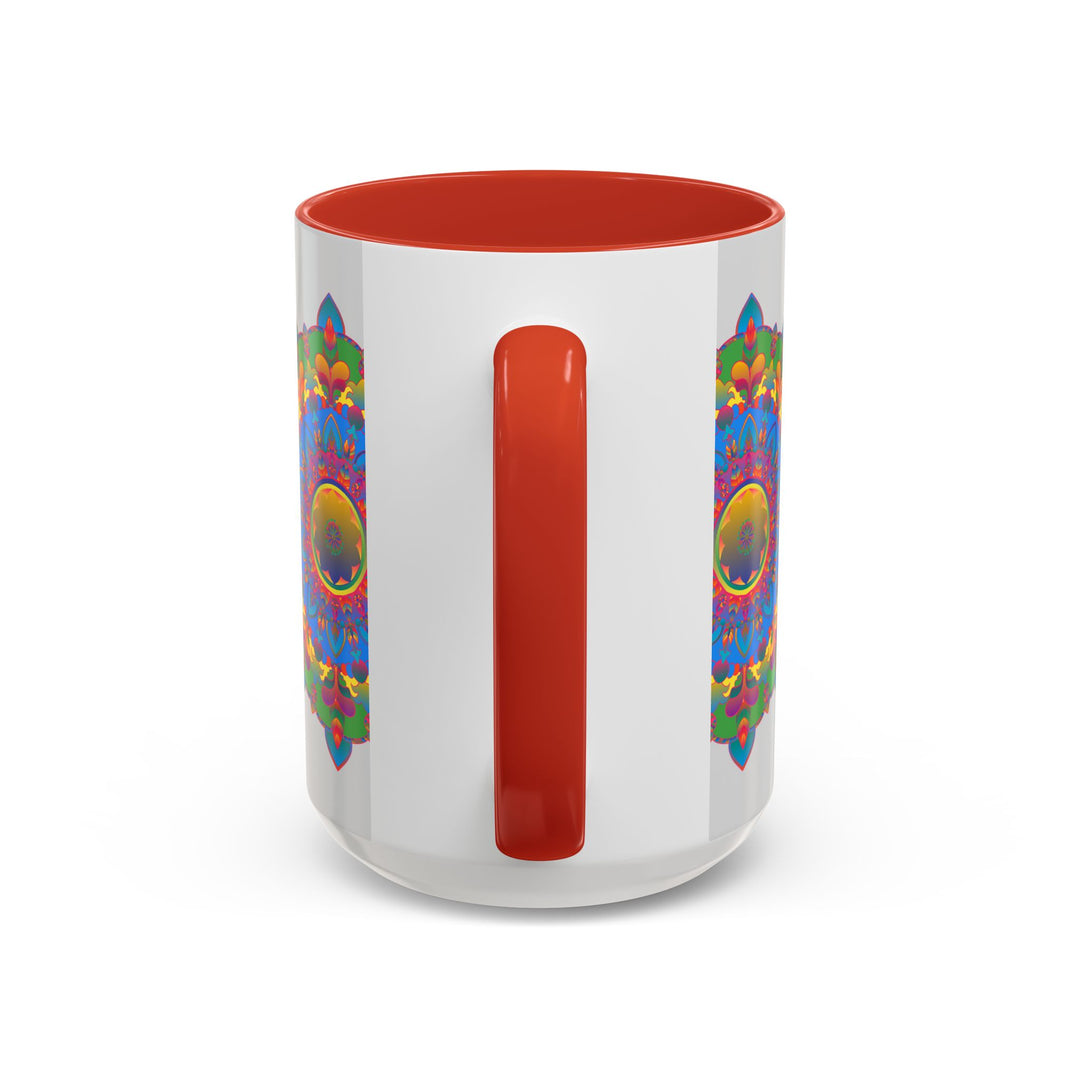 Colorful and detailed mandala flower artwork on grey coffee mug