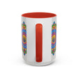 Colorful and detailed mandala flower artwork on grey coffee mug