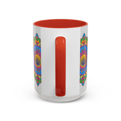 Colorful and detailed mandala flower artwork on grey coffee mug