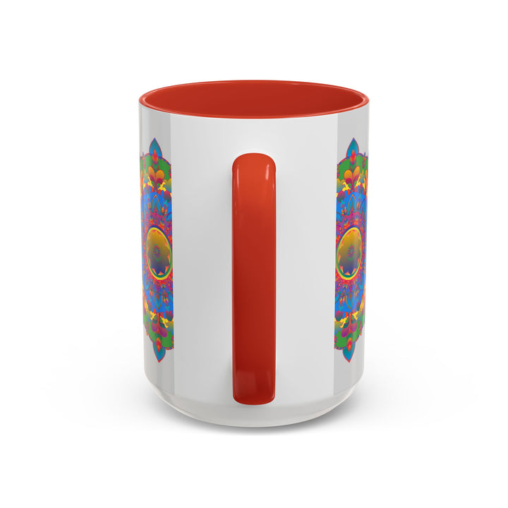 Colorful and detailed mandala flower artwork on grey coffee mug