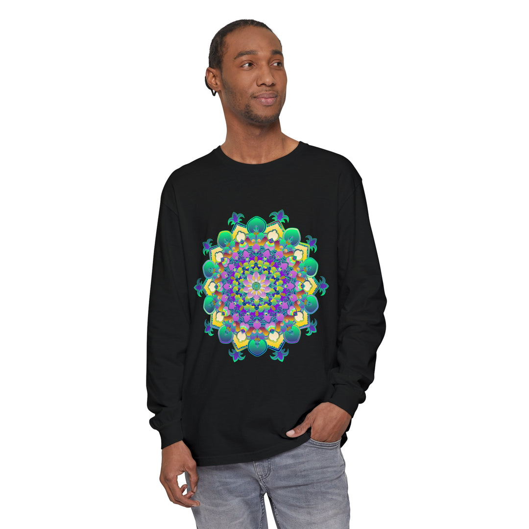 Colorful long sleeve t-shirt with intricate mandala design, perfect for casual wear