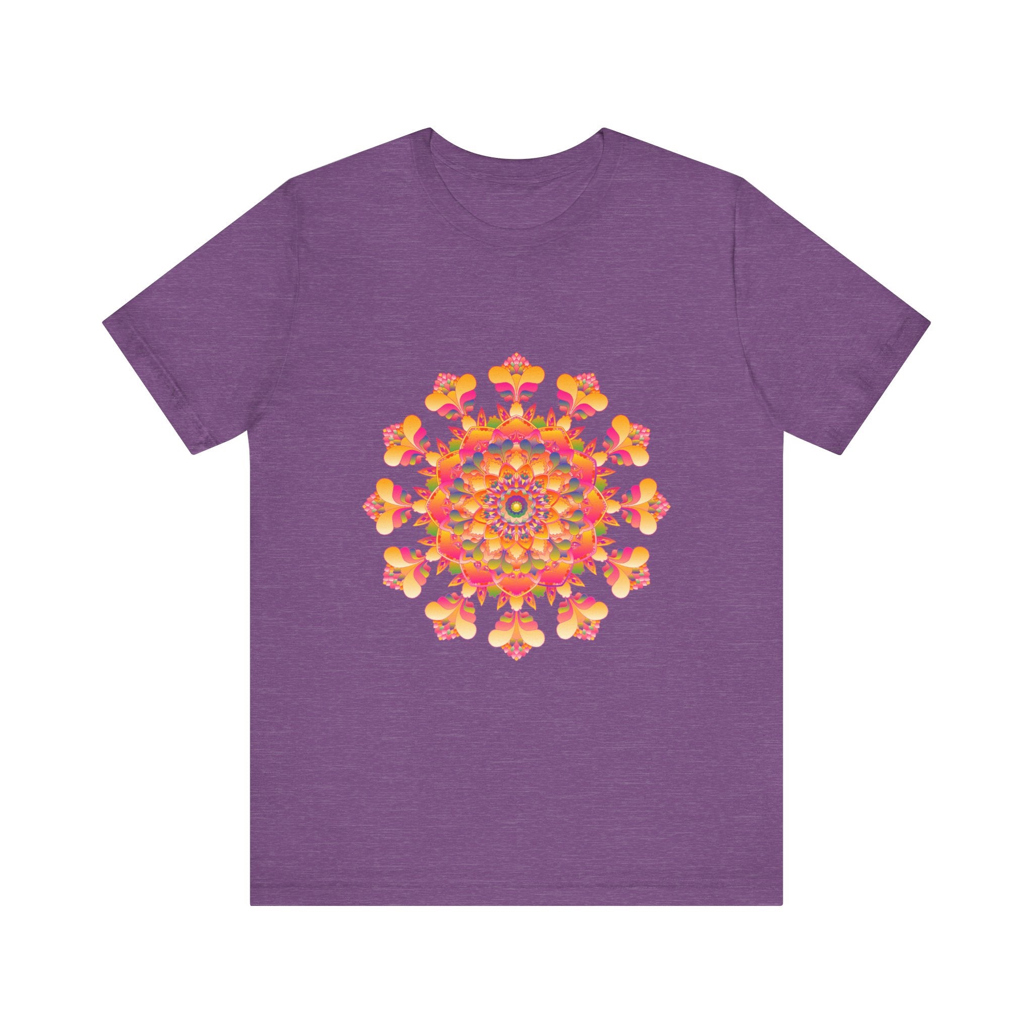 A colorful, vibrant mandala tee in shades of pink, yellow, orange, and green