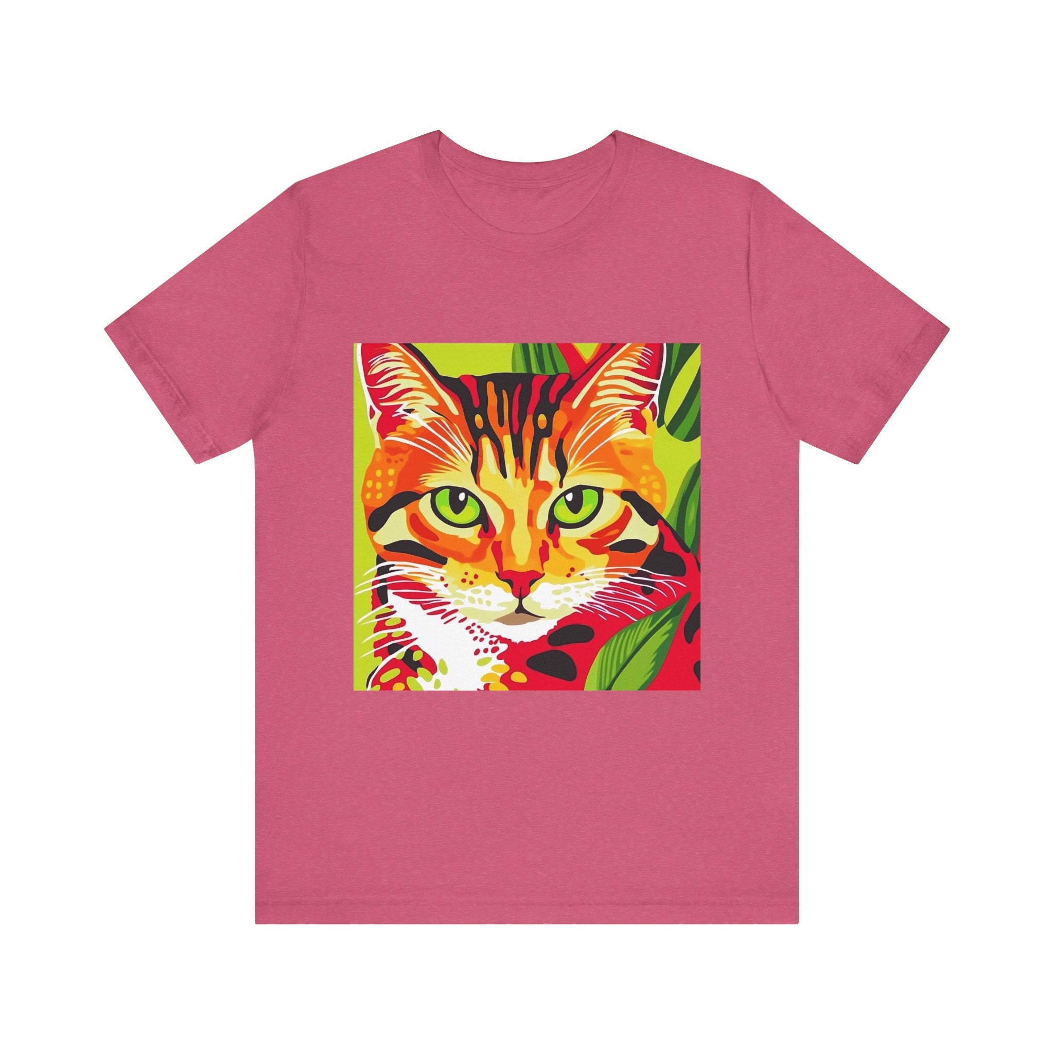 Graphic T-shirt with a cute and colorful design featuring a striped cat, perfect for cat lovers and casual wear