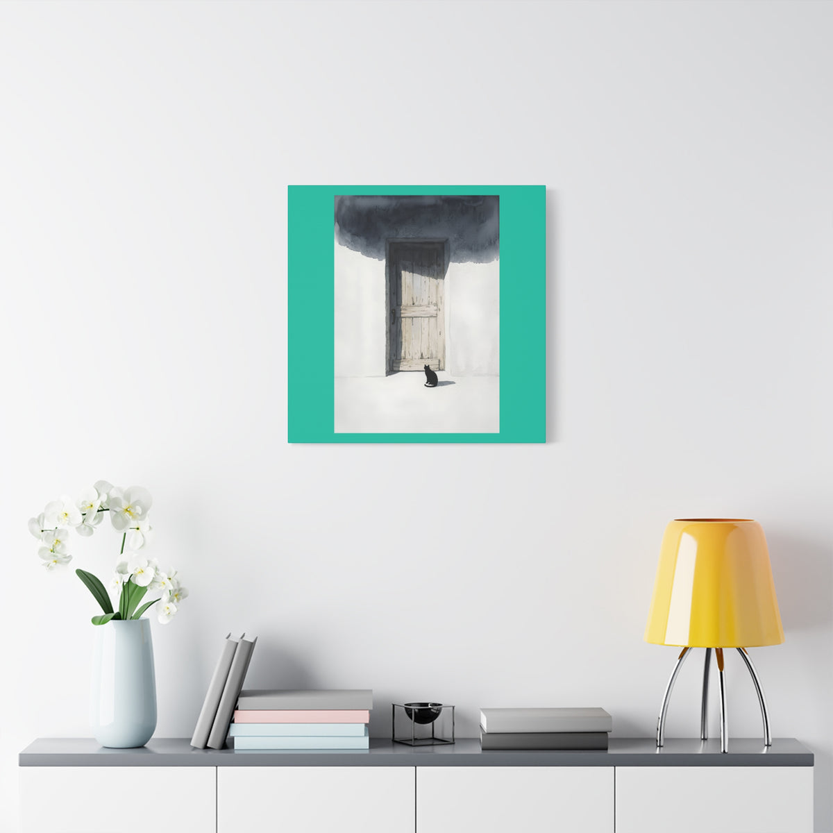 Cat at the Door Matte Canvas Wall Art — Moody Minimalist Cat Illustration