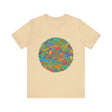 Vibrant Mandala Tee in calming colors of blue and green, featuring a peaceful and tranquil design for a sense of serenity and relaxation