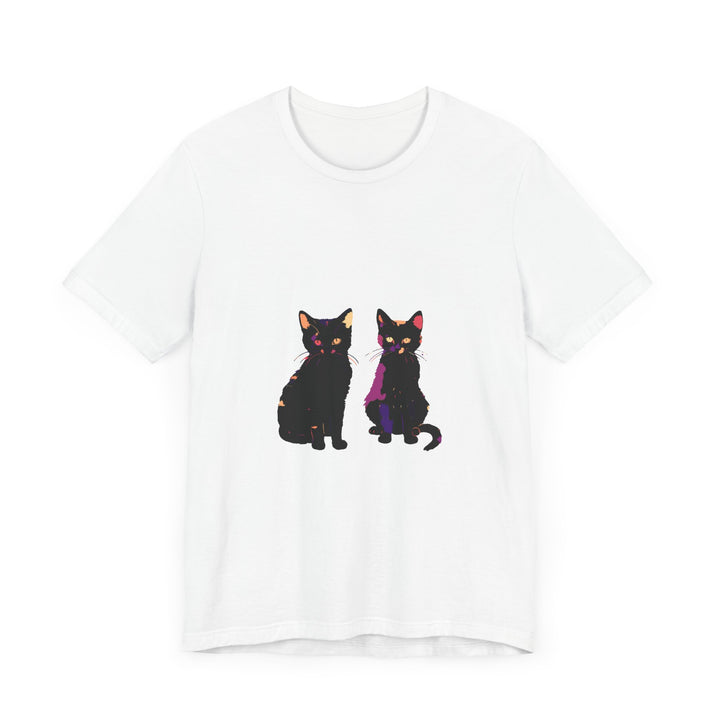 Black Cat Mystery T-Shirt featuring an elegant and colorful design with a playful black cat motif on a high-quality cotton shirt