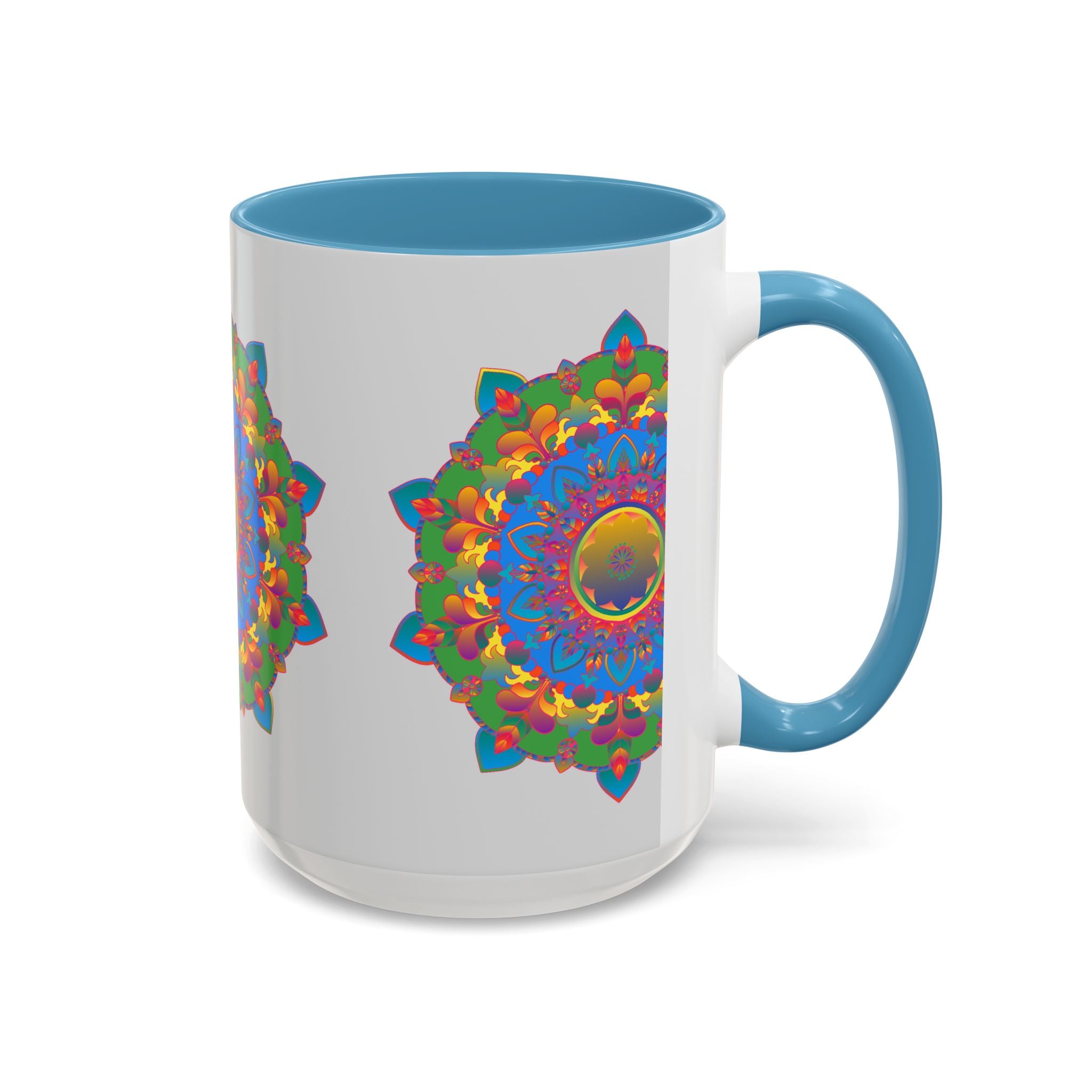 Handcrafted mandala flower design on grey ceramic mug