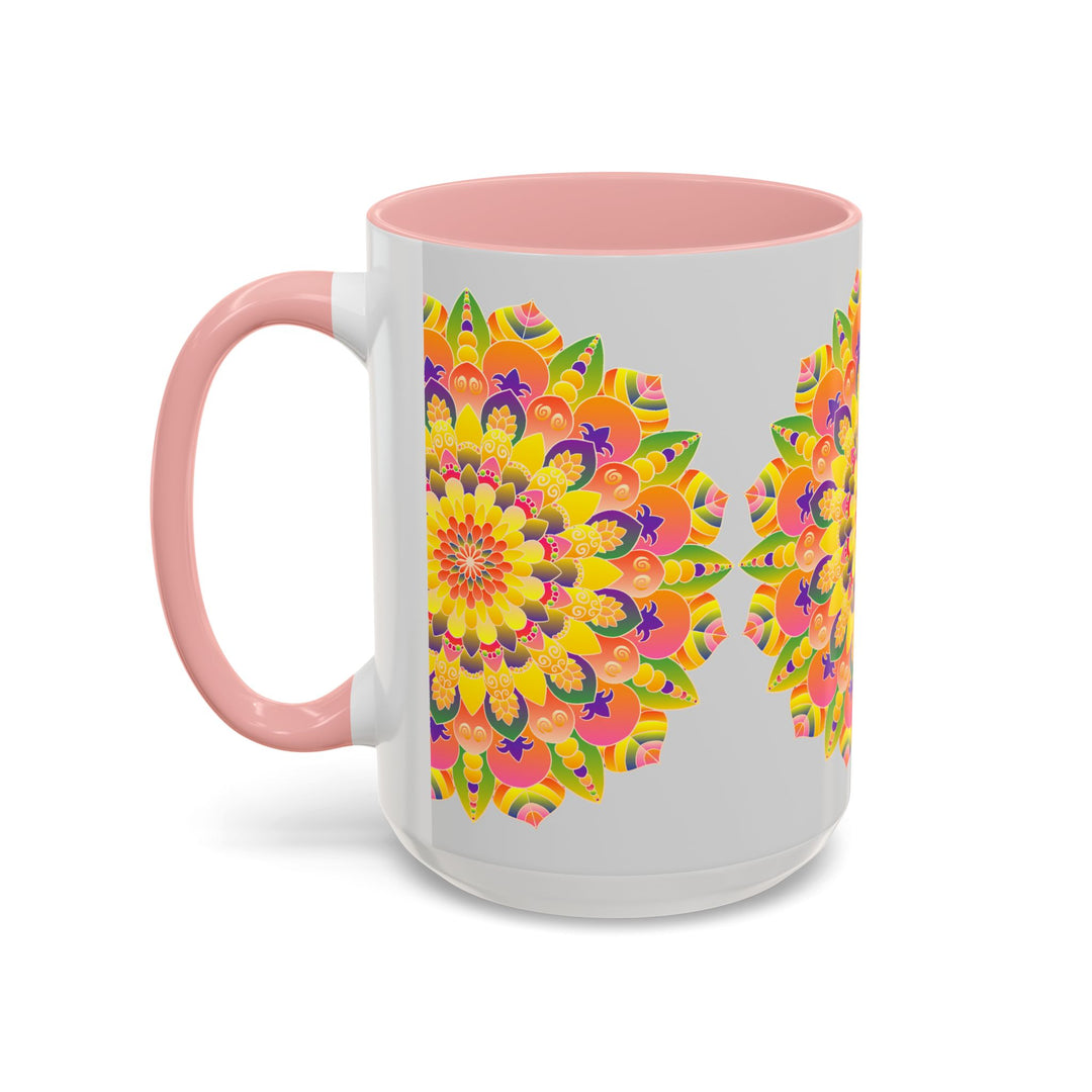 Colorful and vibrant mandala mug with a unique bohemian art style