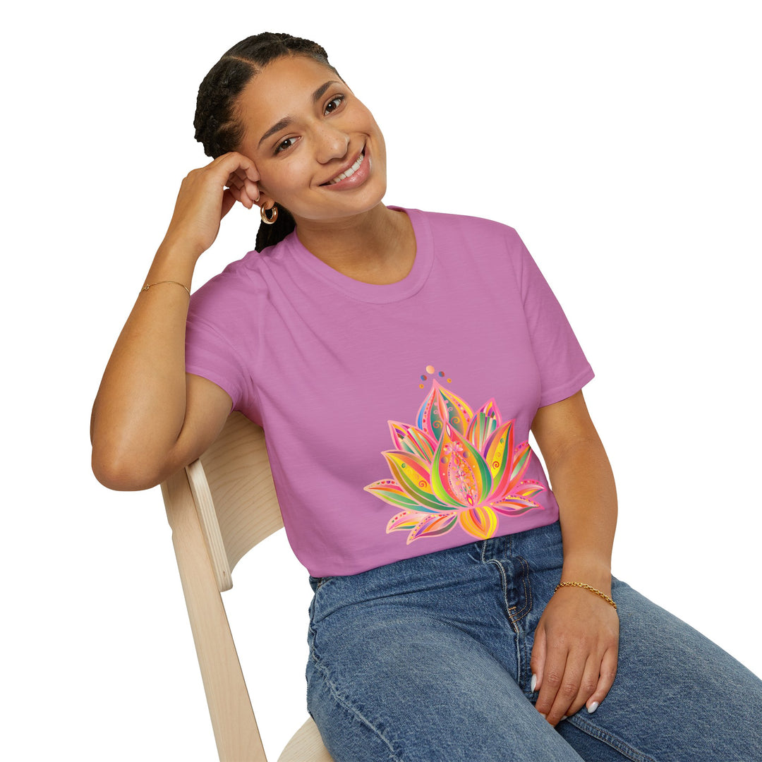 Colorful hand-drawn lotus mandala design on unisex t-shirt by Blululi